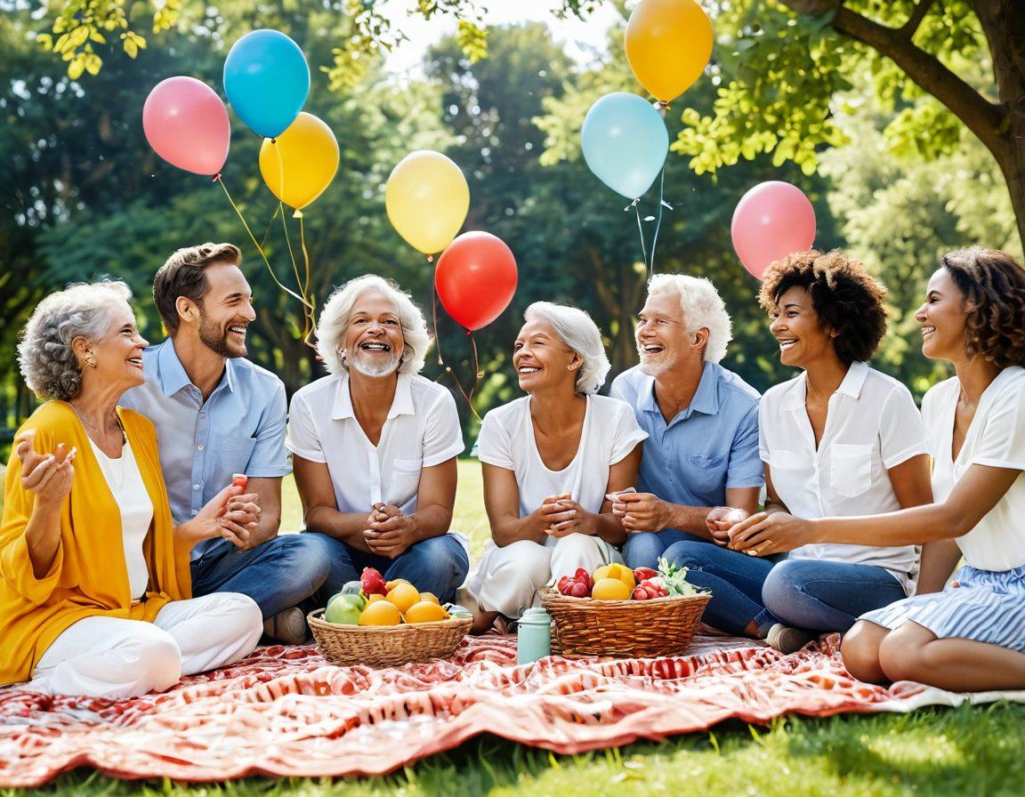 A warm and inviting scene showing a diverse group of mature singles laughing and enjoying a picnic in a sunny park, surrounded by flowers and vibrant greenery, with soft sunlight filtering through the trees. Include elements of positivity like balloons and colorful blankets, emphasizing connection and happiness. super-realistic. vibrant colors. cheerful atmosphere.
