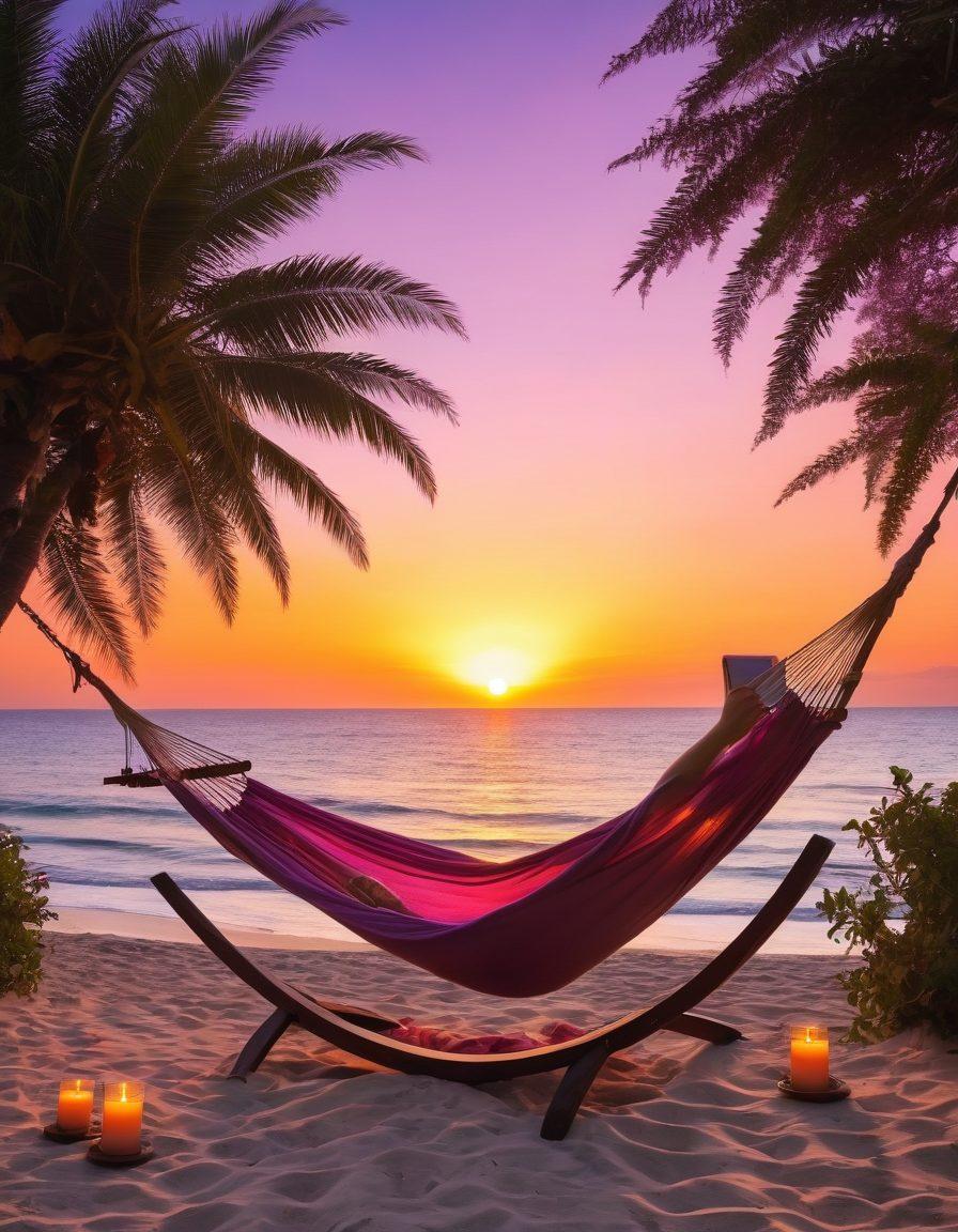 A serene scene of a modern adult enjoying a picturesque sunset on a tranquil beach, savoring a glass of wine while surrounded by lush greenery. The sky is filled with vibrant hues of orange, pink, and purple, symbolizing uplifting experiences. Include elements of relaxation like a hammock, candles, and a book. Emphasize a sense of peace and joy. super-realistic. vibrant colors. warm lighting.