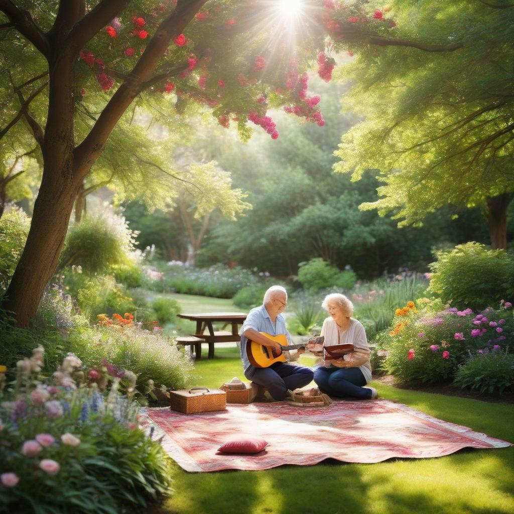 A serene, lush garden filled with people of diverse ages joyfully interacting, surrounded by blooming flowers and sunlight streaming through the trees. Express warmth and connection with smiling faces, gentle hugs, and laughter. Include elements like a picnic blanket, shared books, and musical instruments to symbolize communal joy. A soft-focus background hints at a tranquil community center. vibrant colors. super-realistic.
